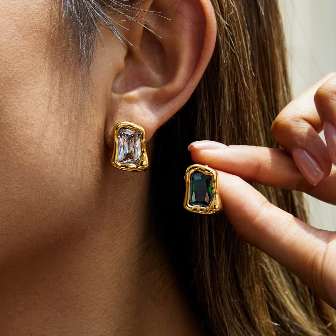 Golden Irregular Colour Stone Stud Earrings
