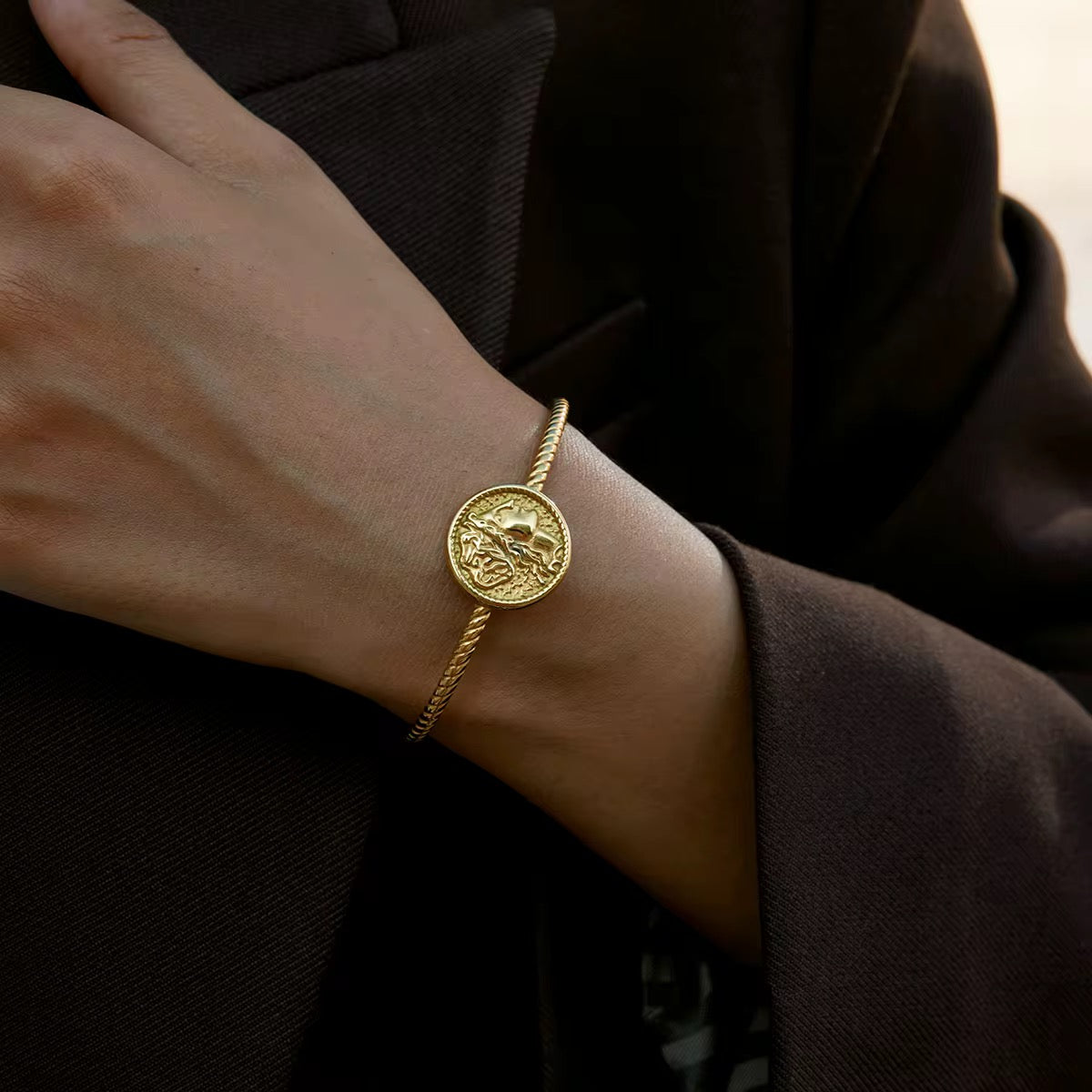 Gold Royal Coin Twisted Bangle