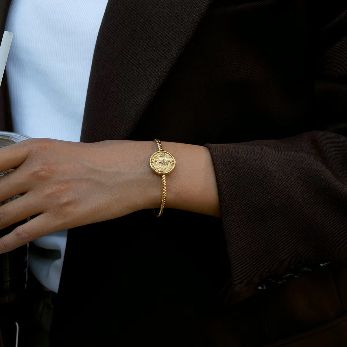 Gold Royal Coin Twisted Bangle